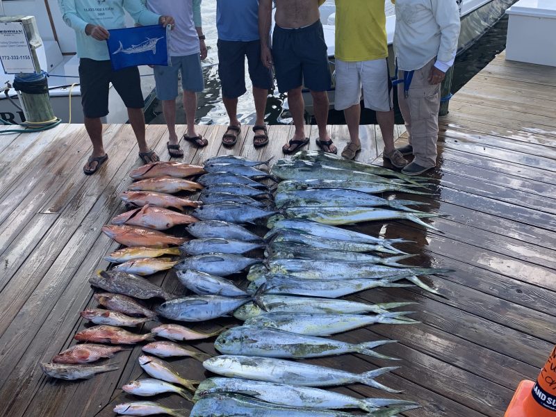 Group of six men posing with rows of caught fish on a dock, boats visible in the background.