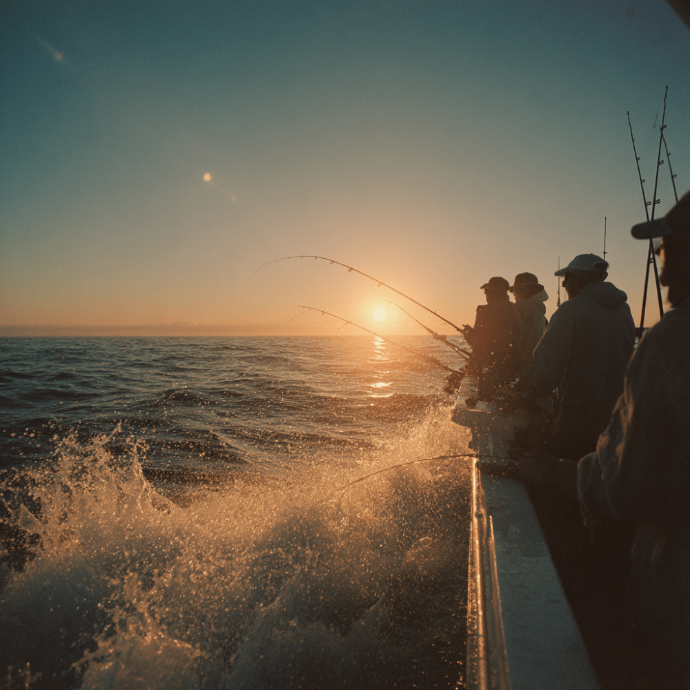 Fishermen on a boat at sunrise, casting lines into the ocean with waves splashing.