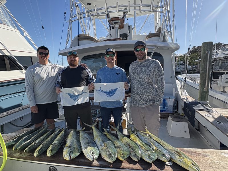 Four people on a boat with fishing gear and several fish on display.